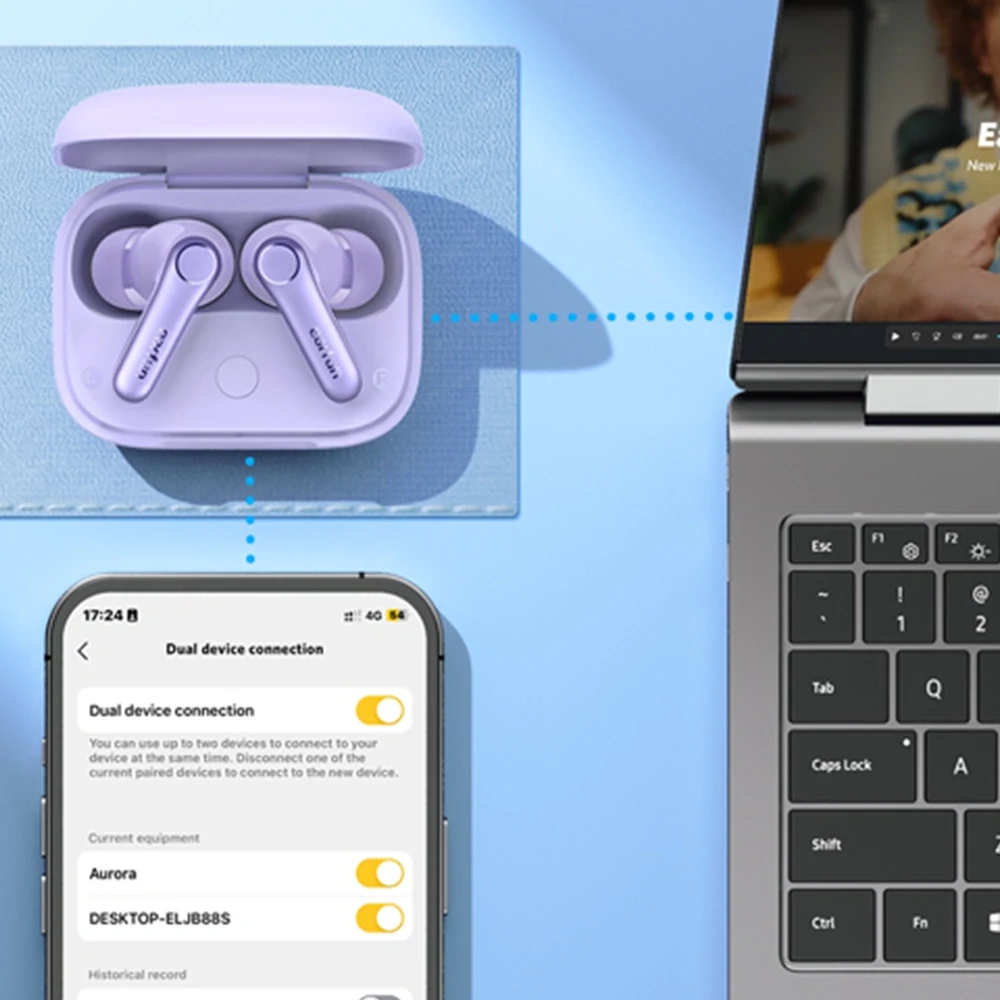 EarFun Air Pro 4 teljesen vezeték nélküli fülhallgató zajszűréssel, 6 beépített mikrofonnal, 52 órás lejátszási idővel - Lila TW600-V