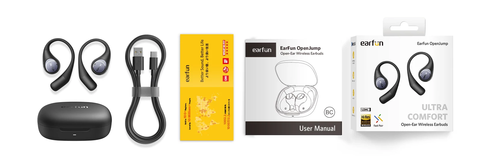 EarFun OpenJump kampós, nyitott kialakítású fülhallgató BassSurge technológiával sportoláshoz, IPX7 - Fekete
